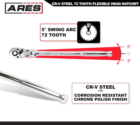 42026 - Flex Head Ratchet - 3/8-Inch Drive 72-Tooth Ratchet - Premium Chrome Vanadium Steel Construction & Chrome Plated Finish - 72-Tooth Quick Release Reversible Design with 5 Degree Swing