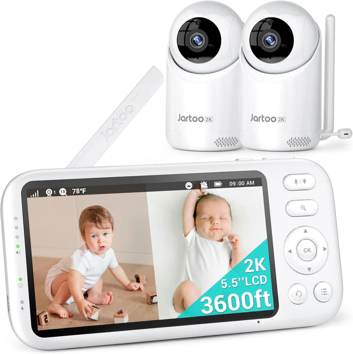 2K Video Baby Monitor, 3000Ft Long Range No Wifi Baby Monitor with 2 Cameras and Audio, 5.5" Split Display, AI Cry Detect, IR Night Vision, 2-Way Audio, 6000Mah